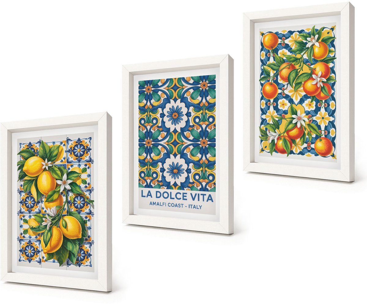 Coloray 3-Delige Schilderij Set - Posters met citrusvruchten en kleurrijke abstracte patronen - 20x30 - Stijlvolle Muurdecoratie - Kantoor - Woonkamer Decoratie