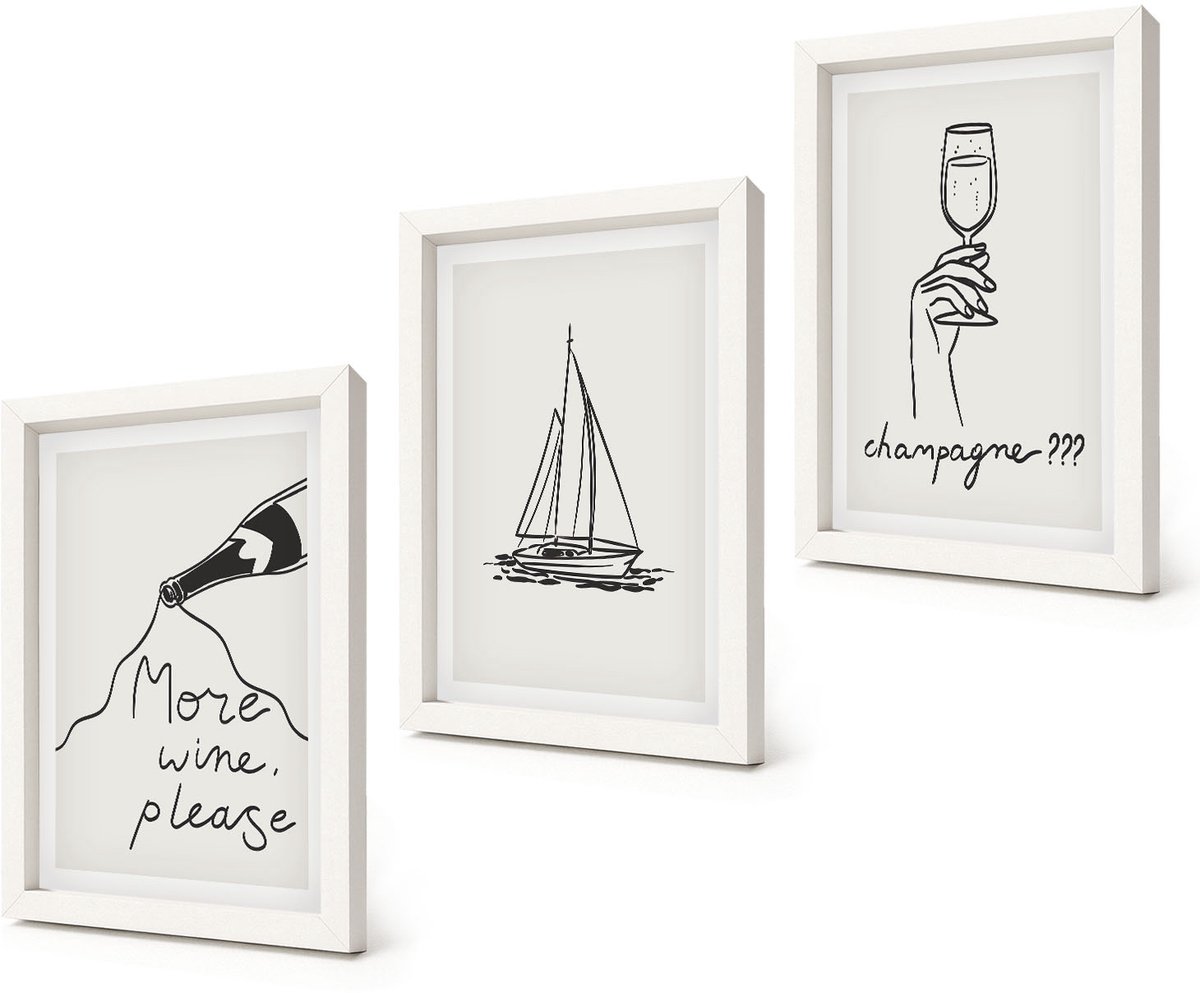 Coloray 3-Delige Schilderij Set - Wijn Zeilboot Champagneglas Lineaire Stijl - 20x30 - Wanddecoratie - Moderne Interieurdecoratie - Woonkamer Decoratie