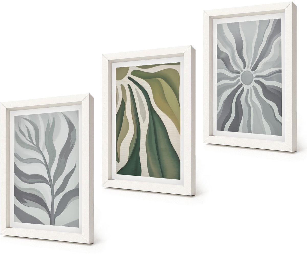 Coloray 3-Delige Schilderij Set - Plantenpatronen in tinten groen en grijs - 20x30 - Wanddecoratie - Muurdecoratie - Woonkamer - Woonkamer Decoratie