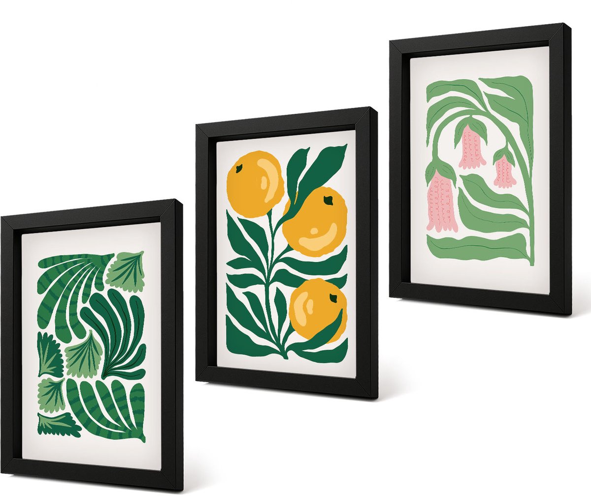 Coloray 4-Delige Schilderij Set - Minimalistische plantpatronen met vruchten en bladeren - 20 x 30 cm - Muurdecoratie - Wanddecoratie - Slaapkamer - Decoratieve Schilderijen
