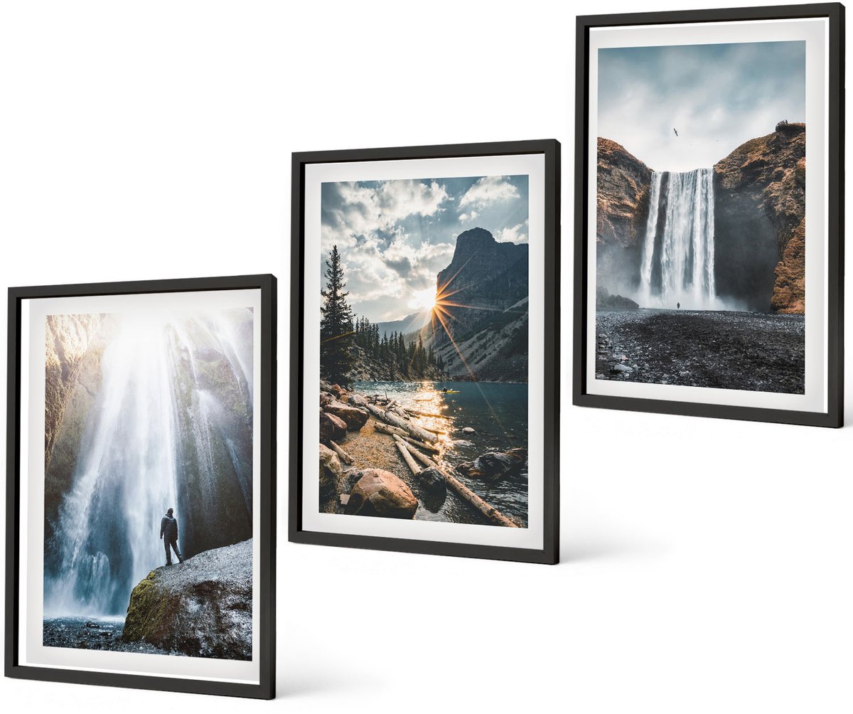 Coloray 3-Delige Schilderij Set - Watervallen In De Bergen Met Prachtige Natuurlijke Landschappen - 40 x 60 cm - Wanddecoratie - Muurdecoratie - Moderne Interieurdecoratie - Interieur Decoratie