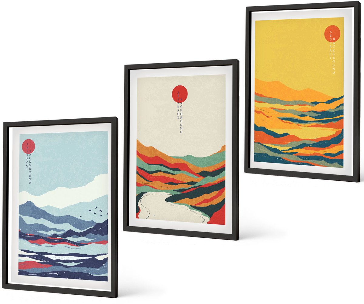 Coloray 3-Delige Schilderij Set - Kleurrijke Abstracte Berg- En Rivierlandschappen - 40 x 60 cm - Muurdecoratie - Decoratieve Schilderijen - Wohnzimmer - Interieur Decoratie