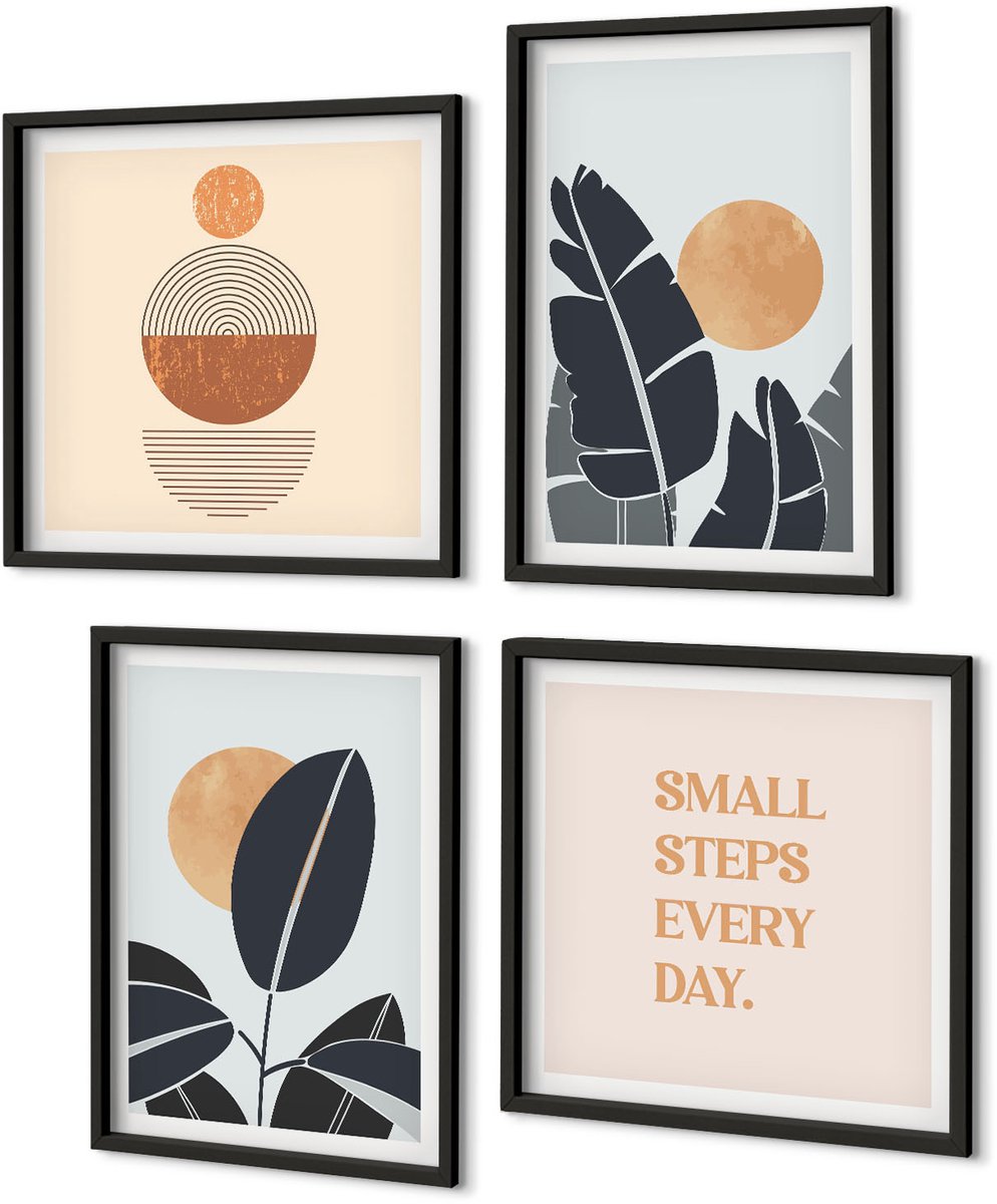 Coloray 4-Delige Schilderij Set - Plantenpatronen Met Grote Zonnen In Minimalistische Stijl - 40 x 40 cm En 40 x 60 cm - Stijlvolle Wanddecoratie - Interieur - Interieur Decoratie Zwarte lijst