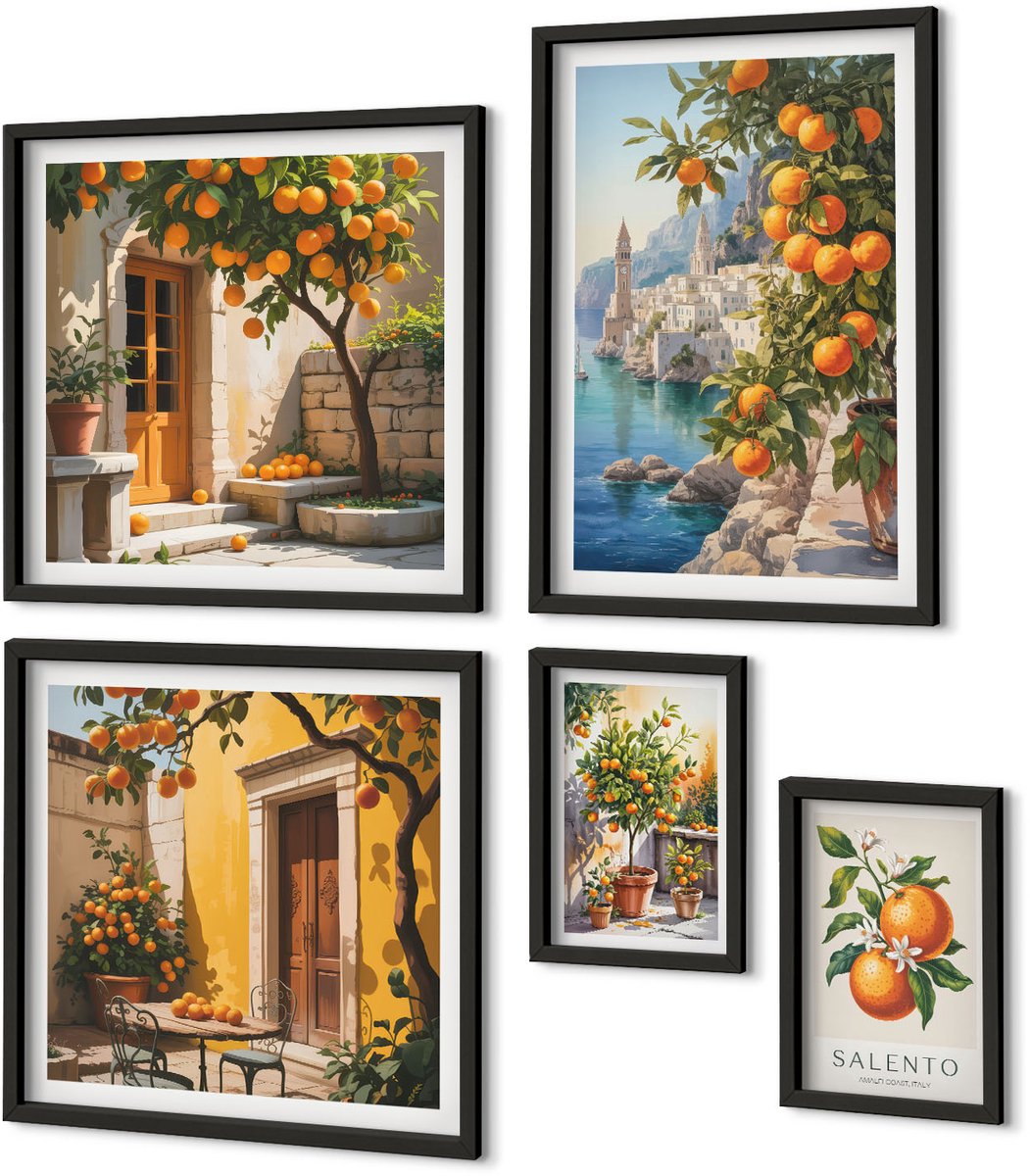 Coloray 5-Delige Schilderij Set - Sfeervolle Uitzichten Met Fruitaccenten Op De Muur - 50 x 50 cm, 20 x 30 cm En 40 x 60 cm - Stijlvolle Muurdecoratie - Slaapkamer - Moderne Wanddecoratie Zwarte lijst