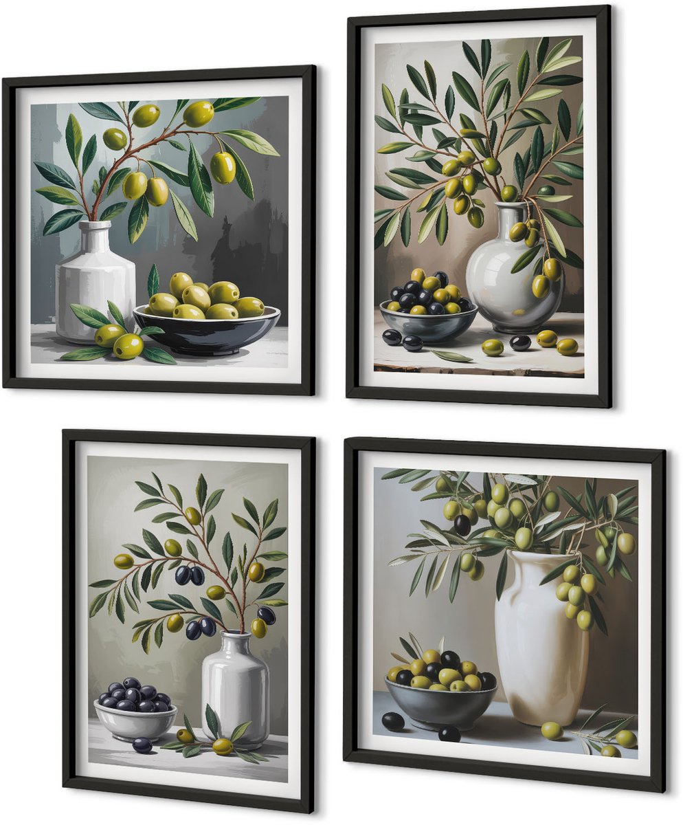 Coloray 4-Delige Schilderij Set - Olijven In Keramische Schalen Op Een Grijze Achtergrond - 40 x 40 cm En 40 x 60 cm - Wanddecoratie - Moderne Interieurdecoratie - Interieur Decoratie Zwarte lijst
