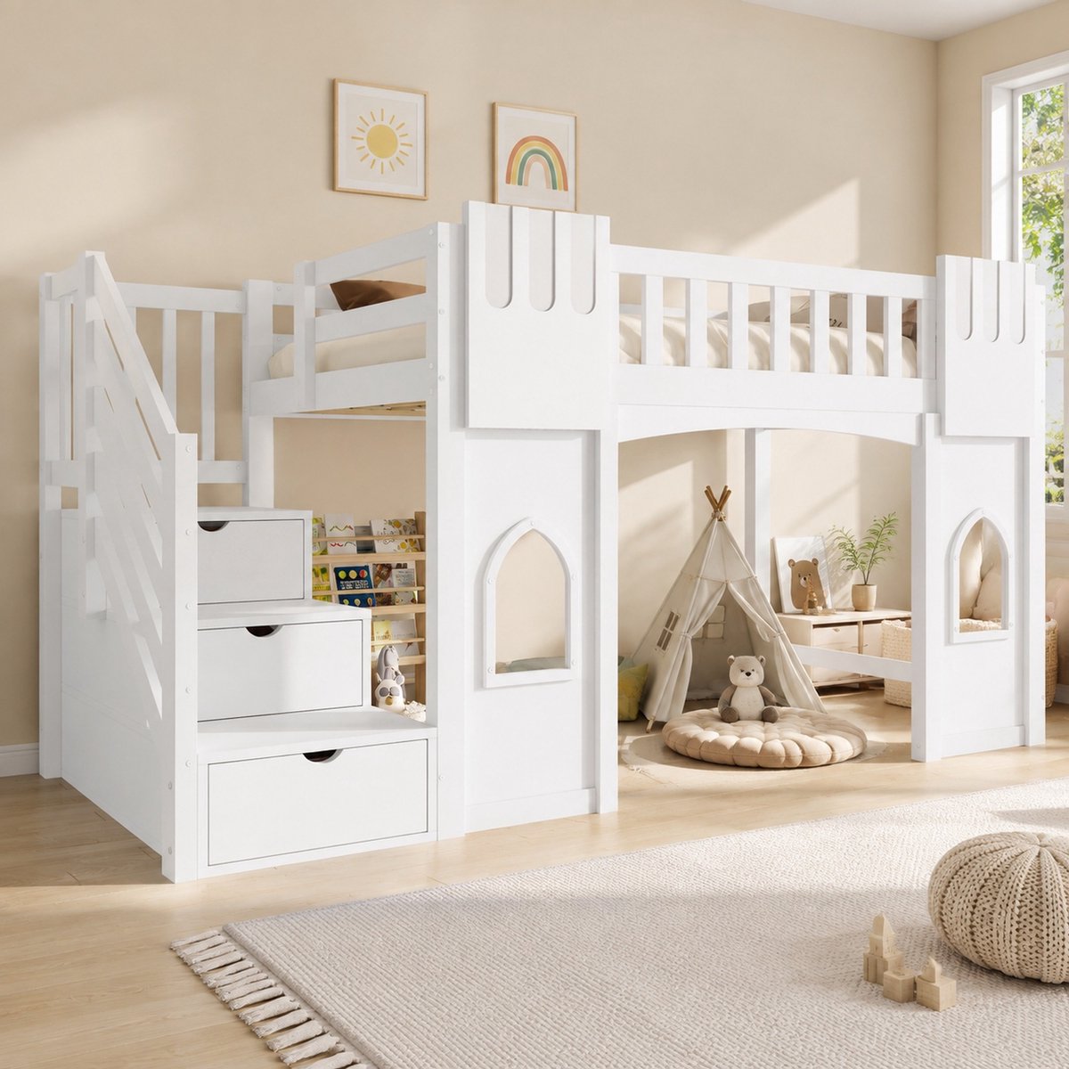 REDOM - Hoogslaper - Met opbergtrede en ramen - Met lattenbodem - Modern - Kinderkamer - MDF en hout - Wit - 90 x 200 cm