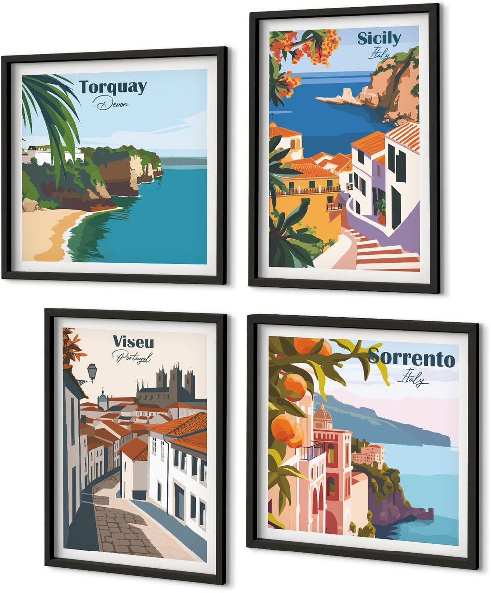 Coloray 4-Delige Schilderij Set - Retro-Illustraties Van Beroemde Steden Over De Hele Wereld - 40 x 40 cm En 40 x 60 cm - Muurdecoratie - Decoratieve Schilderijen - Wohnzimmer - Stijlvolle Muurdecoratie Zwarte lijst