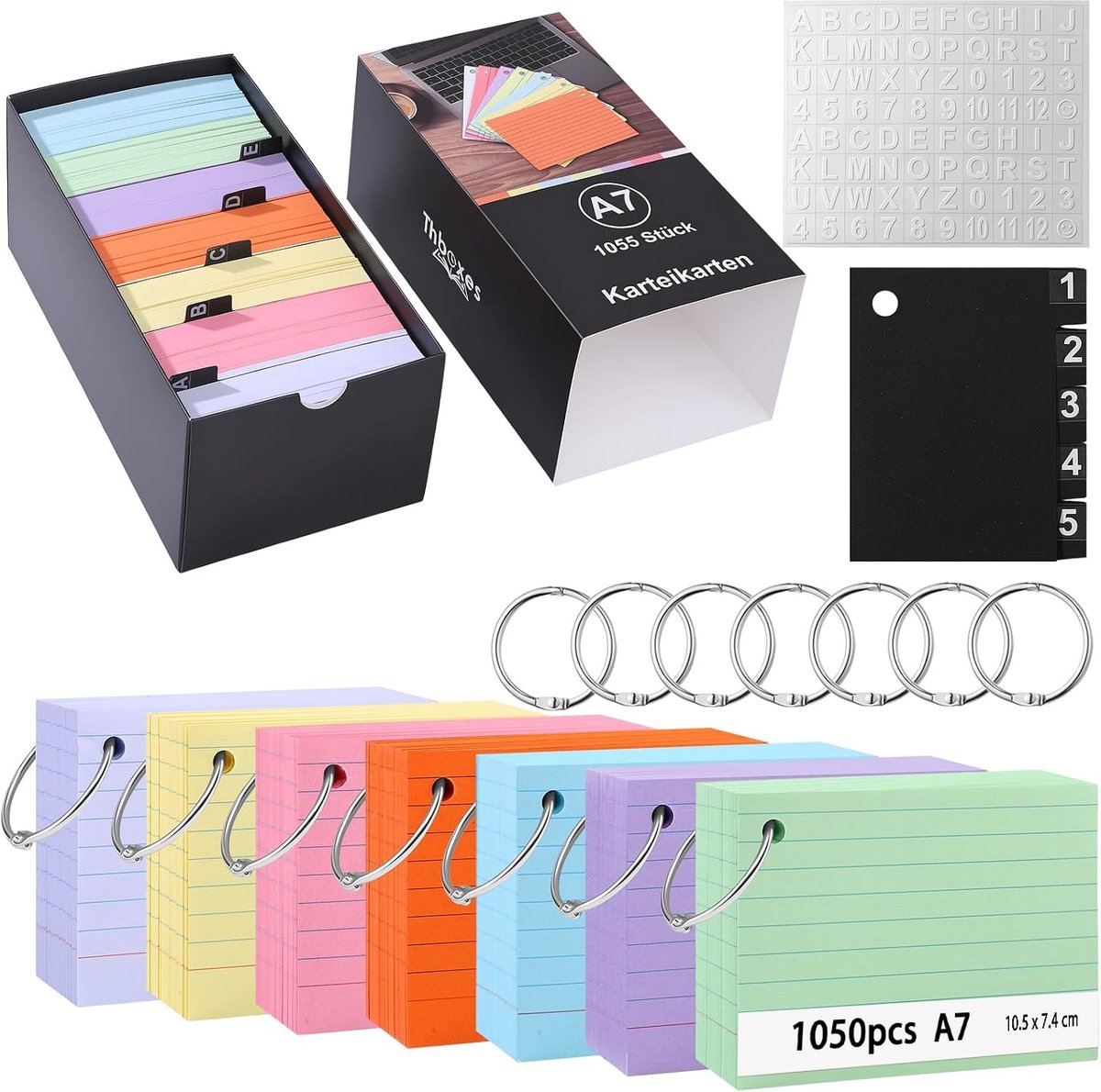 Index Card Box, 10.5 x 7.3 cm Index Box Set, Includes 1050 Colourful Index Cards A7 5 PP Register 7 Loose Leaf Rings - ShopVlot