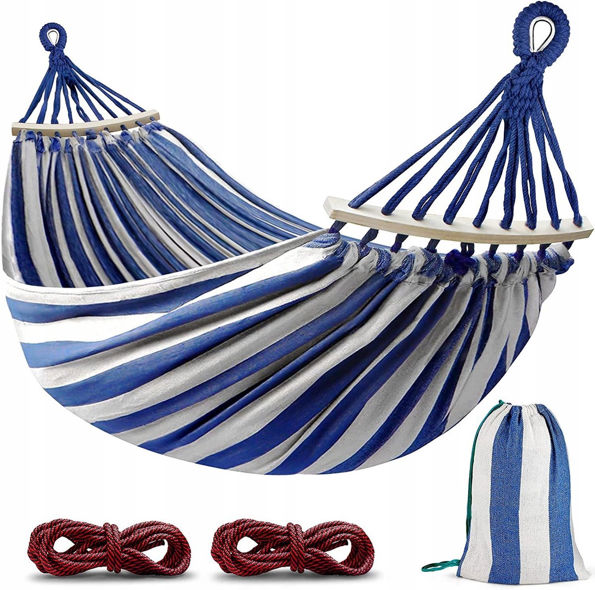 XXL Dubbele Tuin Hangmat met Standaard & Tas - Wit/Blauw