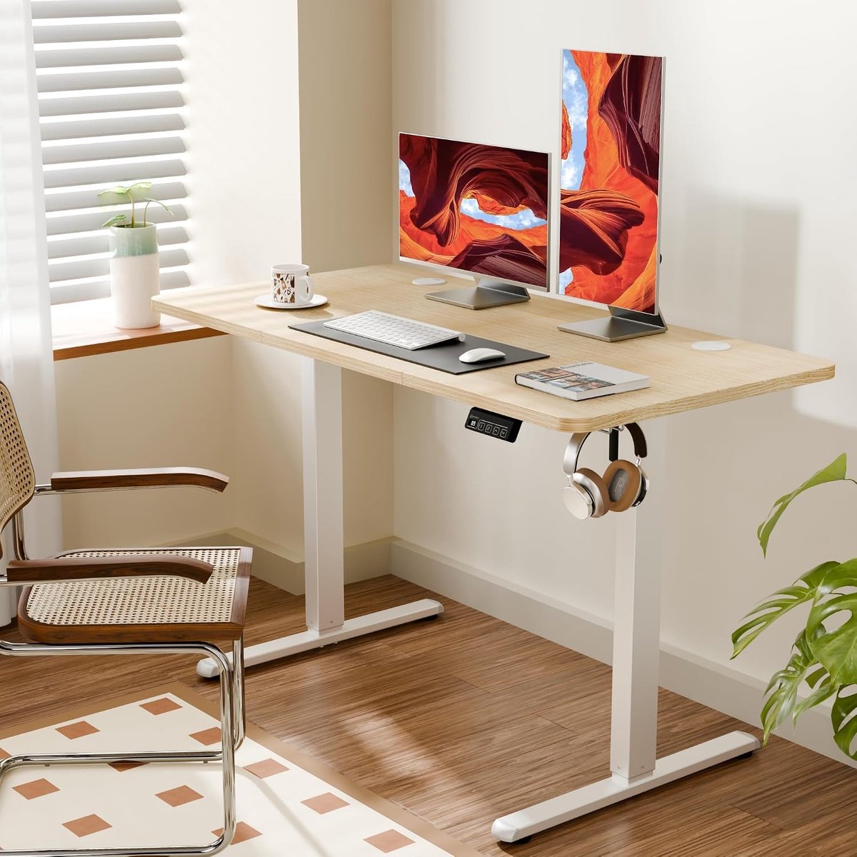 ERGOMAKER Elektrisch sta-bureau, 120 x 60cm in hoogte verstelbaar, zit-sta bureau voor thuiskantoor, vooraf ingestelde - ShopVlot