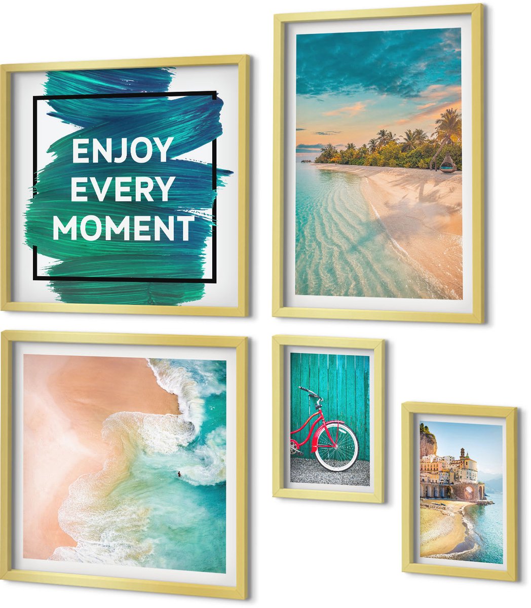 Coloray 5-Delige Schilderij Set - Tropische Landschappen Met Een Fiets En Een Motiverende Tekst. - 50 x 50 cm, 20 x 30 cm En 40 x 60 cm - Decoratieve Muurdecoratie - Slaapkamer - Wanddecoratie