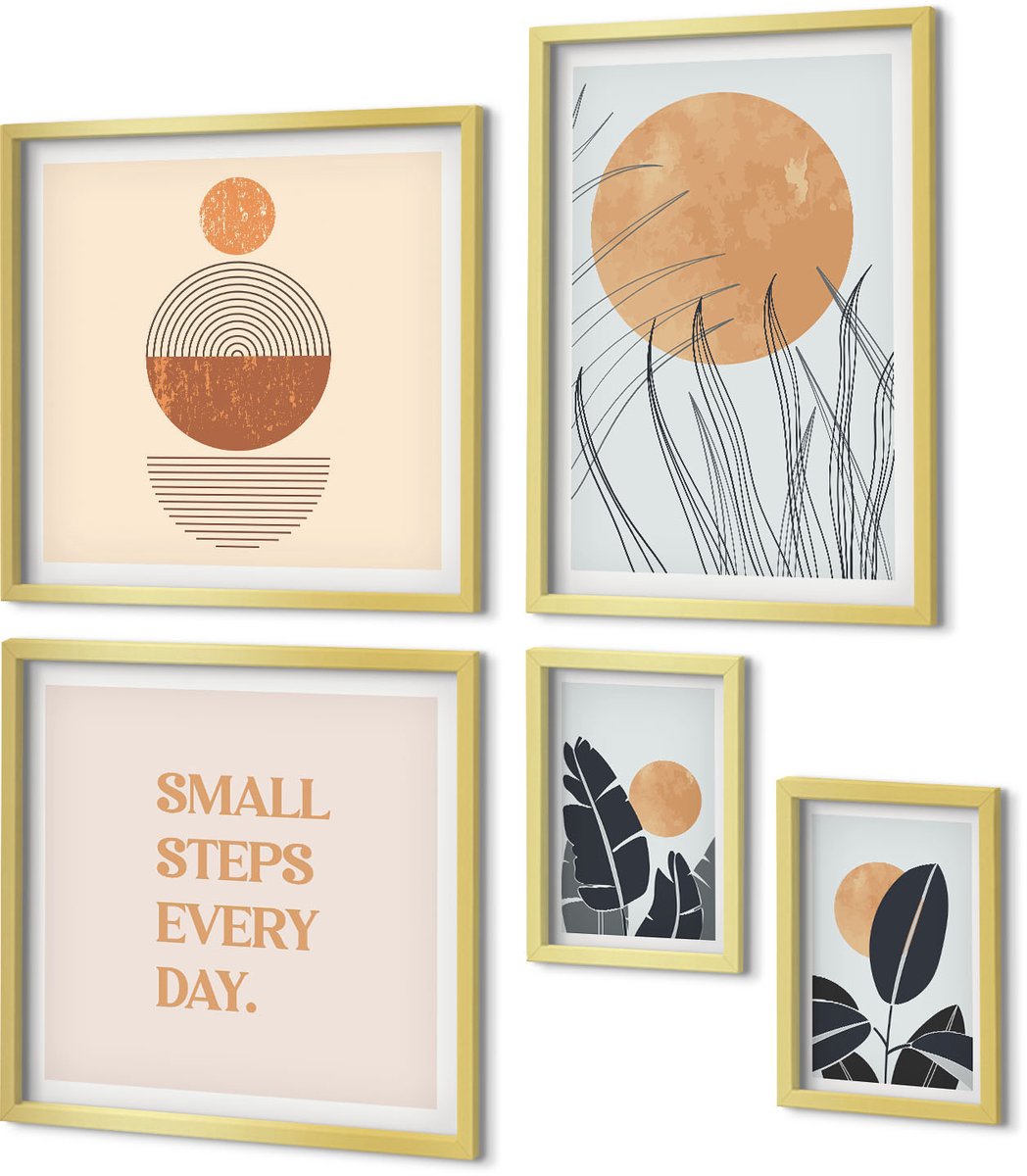Coloray 5-Delige Schilderij Set - Stijlvolle Afbeeldingen Met Plantmotieven En Inspirerende Slogans. - 50 x 50 cm, 20 x 30 cm En 40 x 60 cm - Stijlvolle Muurdecoratie - Slaapkamer - Moderne Wanddecoratie