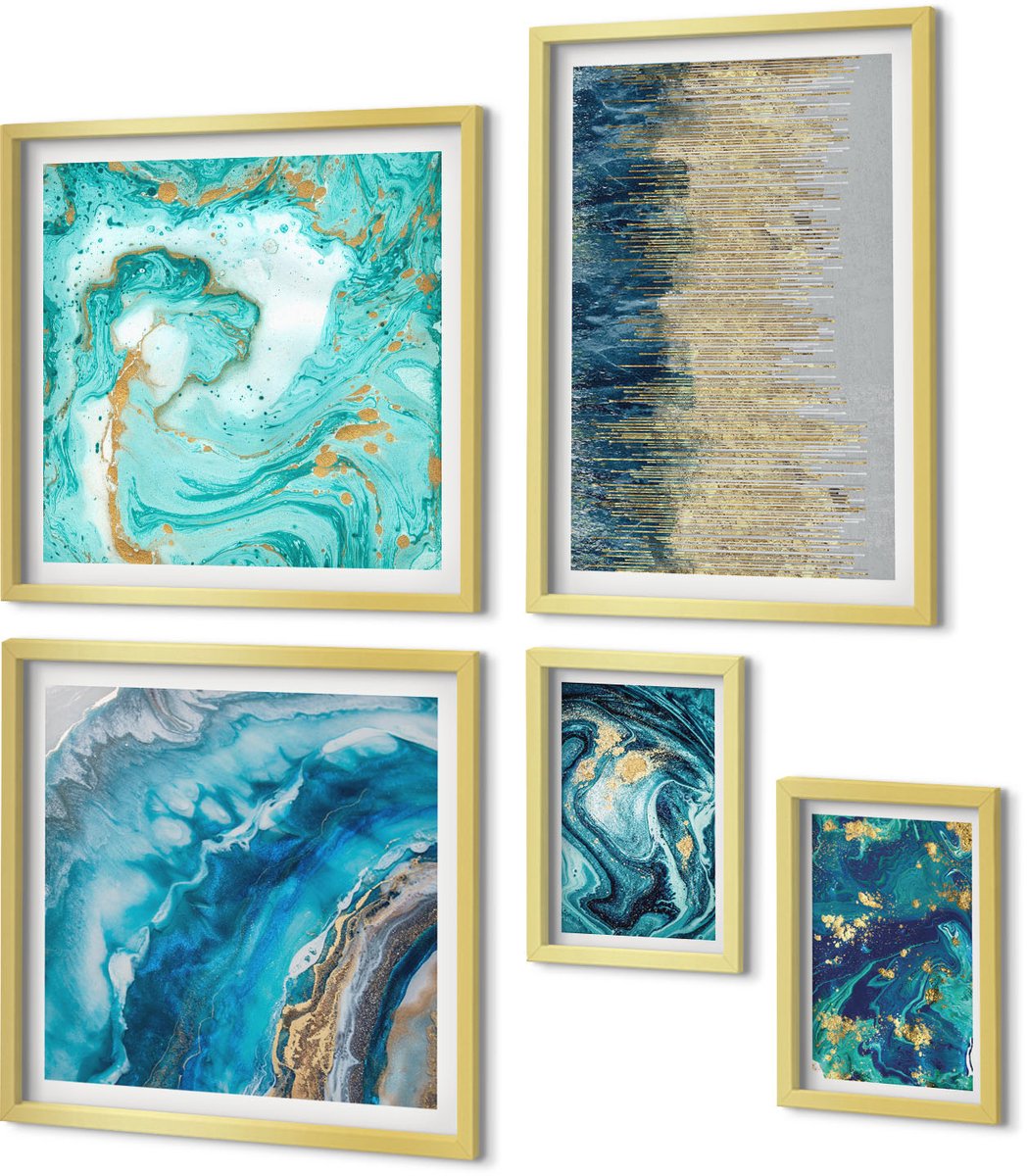 Coloray 5-Delige Schilderij Set - Abstracte Composities In Blauw- En Groentinten. - 50 x 50 cm, 20 x 30 cm En 40 x 60 cm - Moderne Wanddecoratie - Slaapkamer