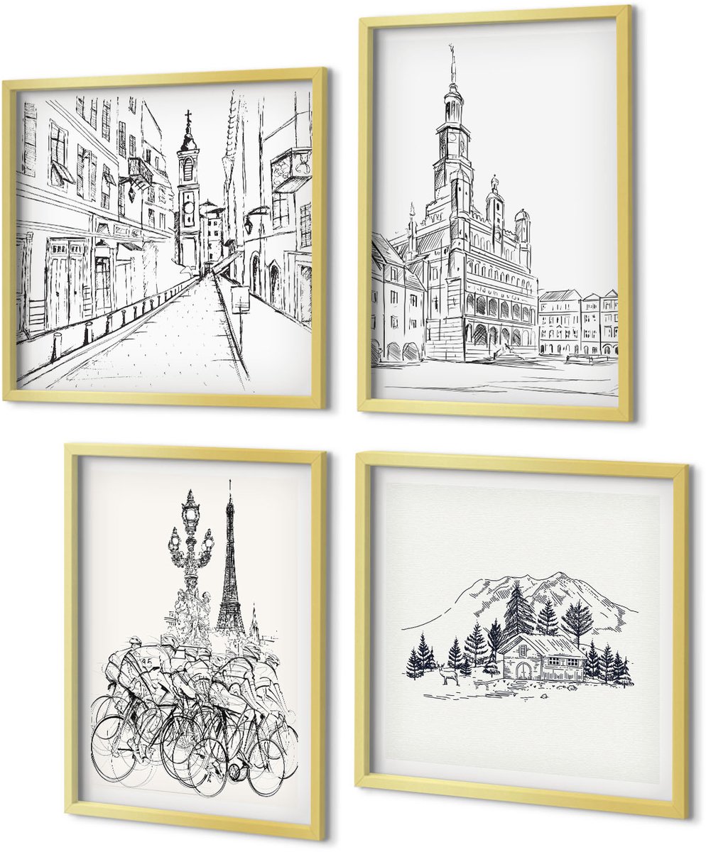 Coloray 4-Delige Schilderij Set - Eenvoudige tekeningen van stadsgezichten - 40 x 40 cm en 40 x 60 cm - Wanddecoratie - Schilderijen Set - Kantoor - Moderne Wanddecoratie
