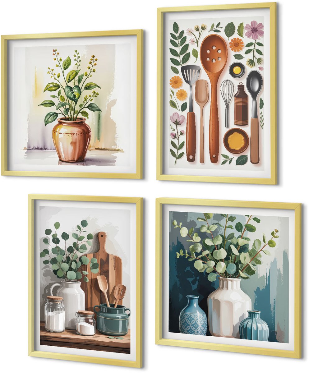Coloray 4-Delige Schilderij Set - Keukenaccessoires met planten in een moderne stijl - 40 x 40 cm en 40 x 60 cm - Moderne Wanddecoratie - Slaapkamer - Interieur Decoratie