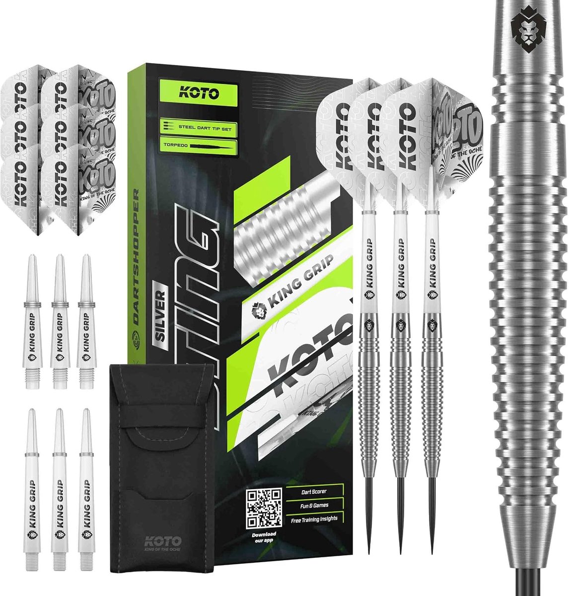 KOTO Sting Silver 90% Tungsten Darts Silver with Extra Flights and Shafts Steel Darts Professional Darts Set 3 Steel - ShopVlot