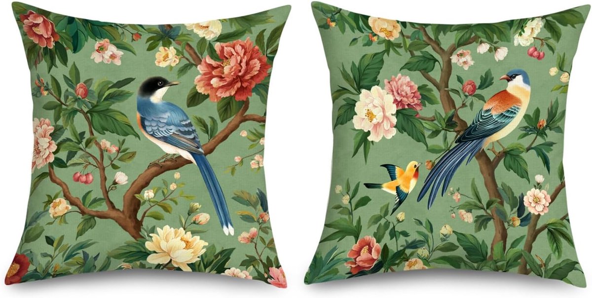 Kussenslopen 45x45cm set van 2 groene vogels bloemen deco kussenhoes - ShopVlot
