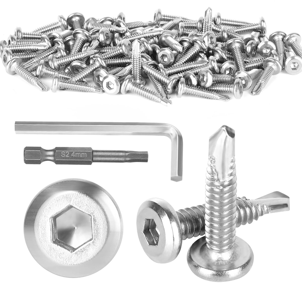 Pack of 80 Self Tapping Screws, 410 Stainless Steel, M5.5x25mm, Self Tapping Screws with Hex Socket Drill, Hex Wrench - ShopVlot