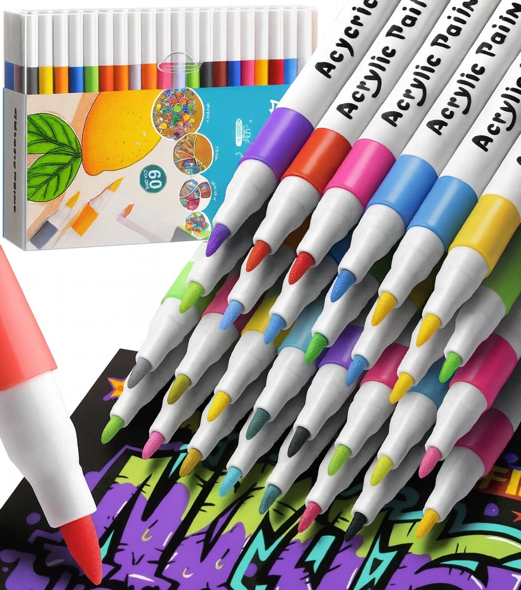 Set van 60 Acryl Markers - Waterdicht, Sneldrogend, Penseelpunt