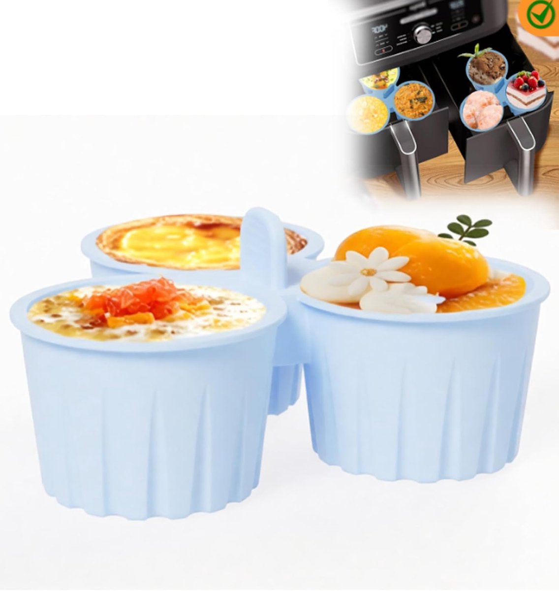 Ulisem - Siliconen Eierhapjesvorm - Egg Bite Mold - 3-Vaks Siliconen Bakvorm - 14,4 cm - 135 ml - Herbruikbaar en Antiaanbak - Voor Airfryer Oven Magnetron en Vriezer - Blauw