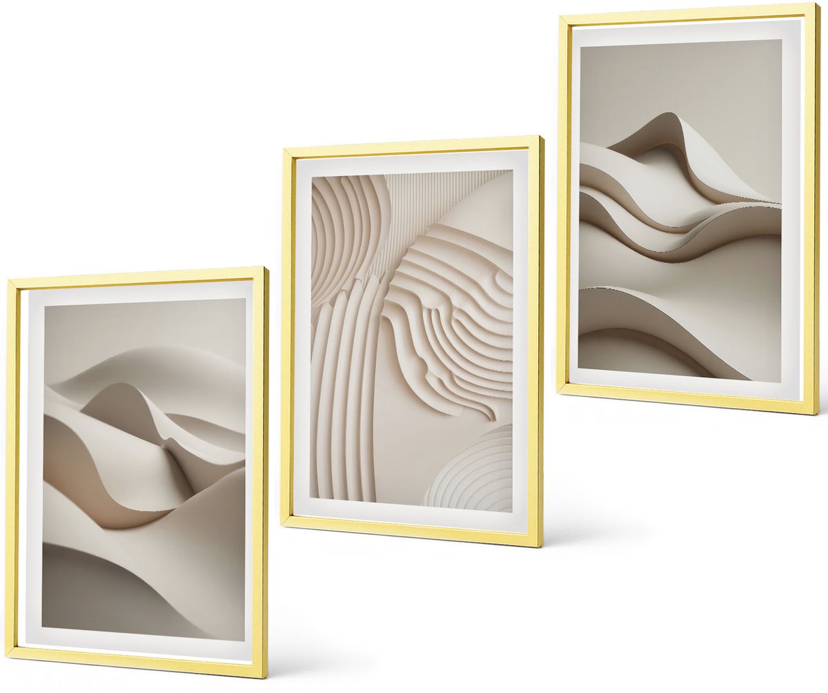 Coloray 3-Delige Schilderij Set - Abstracte Golven En Structuren In Beigetinten - 40 x 40 cm En 40 x 60 cm - Schilderijen Set - Wanddecoratie - Woonkamer
