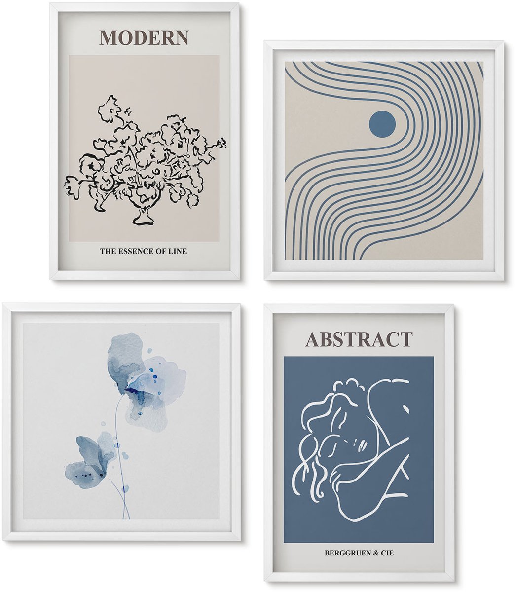 Wallfluent 4-Delige Schilderij Set - Posters Met Bloemen, Lijnen En Abstracte Vormen - 40 x 40 En 40 x 60 - Moderne Wanddecoratie - Slaapkamer - Woonkamer Decoratie