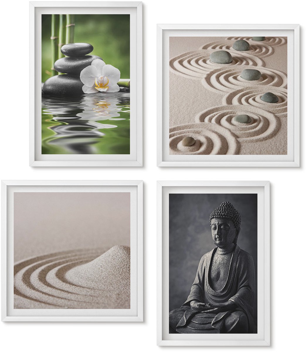 Wallfluent 4-Delige Schilderij Set - Ontspannend Uitzicht Op Boeddha, Strandstenen En Bamboe. - 40 x 40 En 40 x 60 - Stijlvolle Muurdecoratie - Kantoor - Wanddecoratie