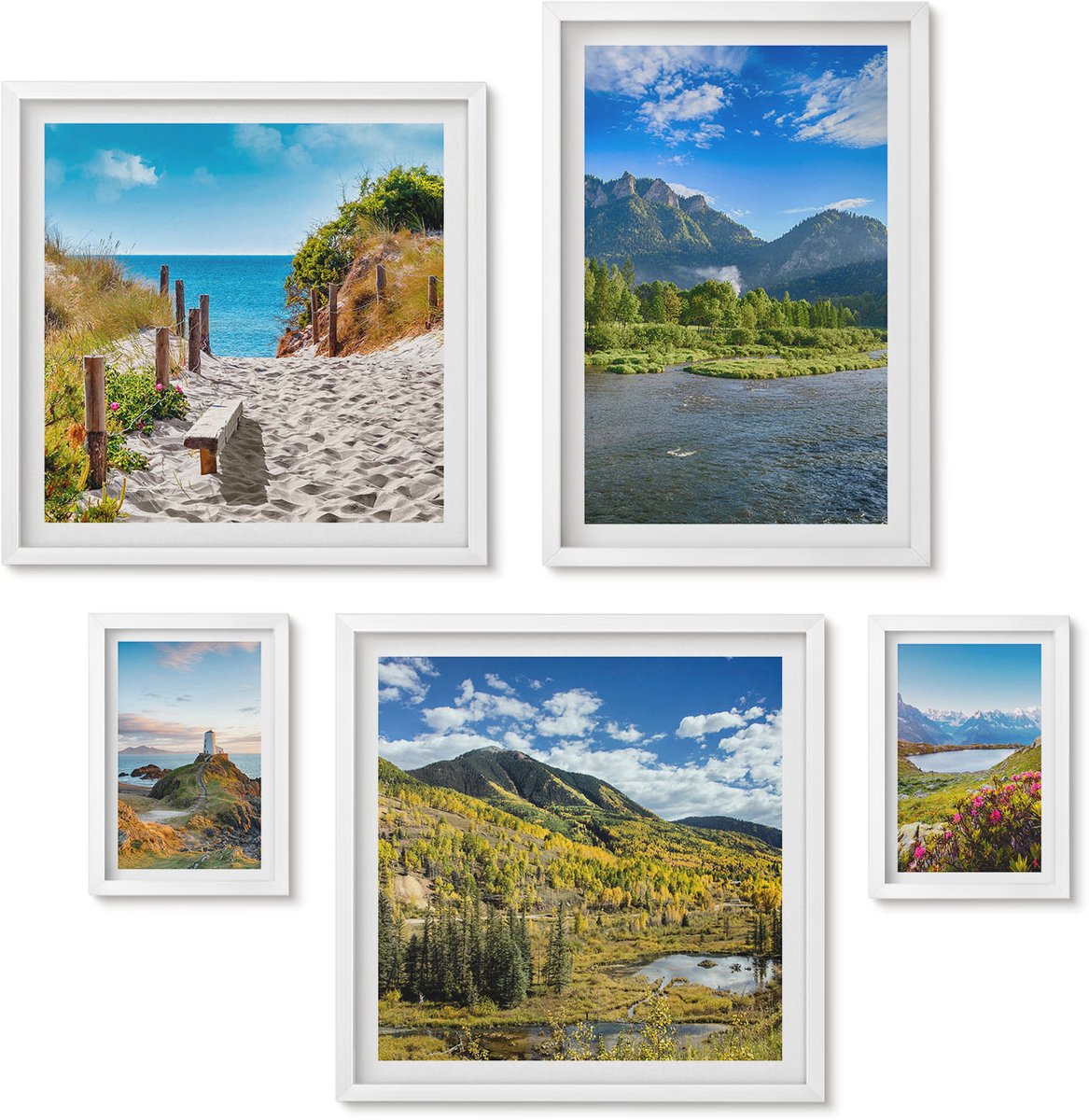 Wallfluent 5-Delige Schilderij Set - Natuurlandschappen Met Uitzicht Op Bergen En Stranden - 50 x 50 cm, 20 x 30 cm En 40 x 60 cm - Muurdecoratie - Decoratieve Schilderijen - Wohnzimmer