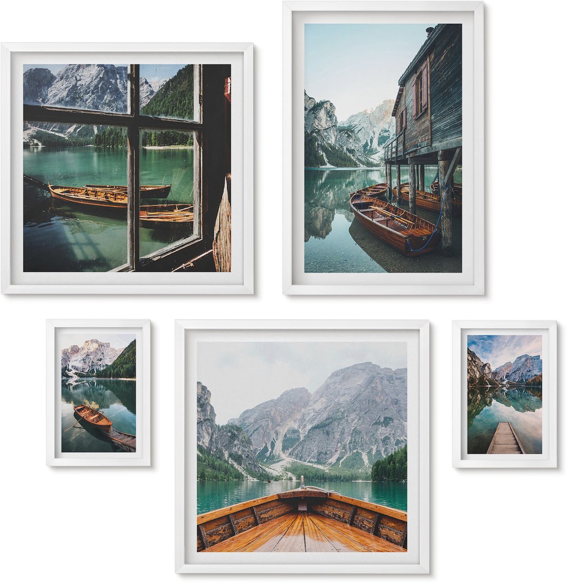 Wallfluent 5-Delige Schilderij Set - Rustige Meren En Pittoreske Berglandschappen - 50 x 50 cm, 20 x 30 cm En 40 x 60 cm - Decoratieve Schilderijen - Woonkamer - Interieur - Stijlvolle Muurdecoratie