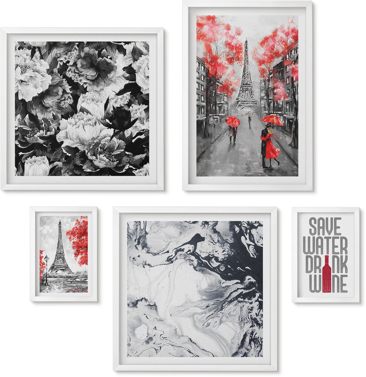 Wallfluent 5-Delige Schilderij Set - Parijse Uitzichten Met Bloemen En Abstracte Patronen - 50 x 50 cm, 20 x 30 cm En 40 x 60 cm - Wanddecoratie - Muurdecoratie - Moderne Interieurdecoratie - Stijlvolle Muurdecoratie