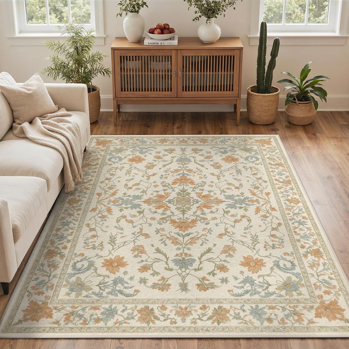 Wasbaar tapijt 80 x 150 cm - vintage boho-stijl - crèmekleurig met bloemmotief - antislip voor woonkamer - ShopVlot
