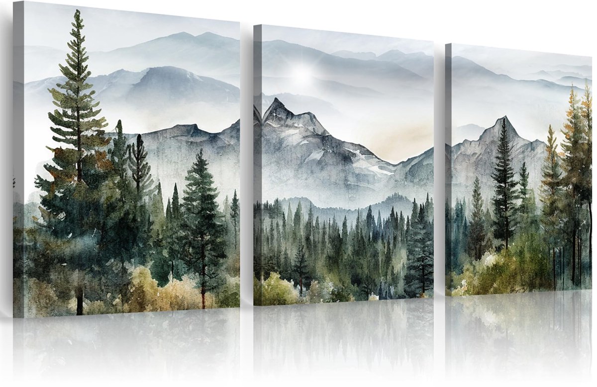 Famanu – Set van 3 moderne schilderijen, aquarel bos afbeelding op canvas voor woonkamer muurdecoratie, kunstwerk voor slaapkamer, badkamer en keuken