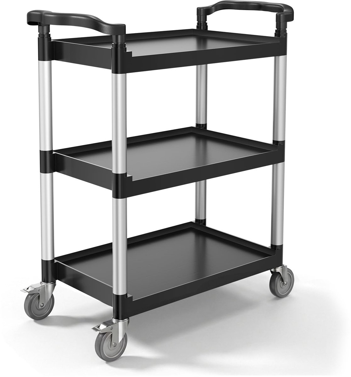Famanu – Serveerwagen, 880 x 410 x 990 mm, kunststof trolley met 3 niveaus, met 360° draaibare wielen (2 met remmen), voor magazijn, kantoor, huis, restaurant, keuken