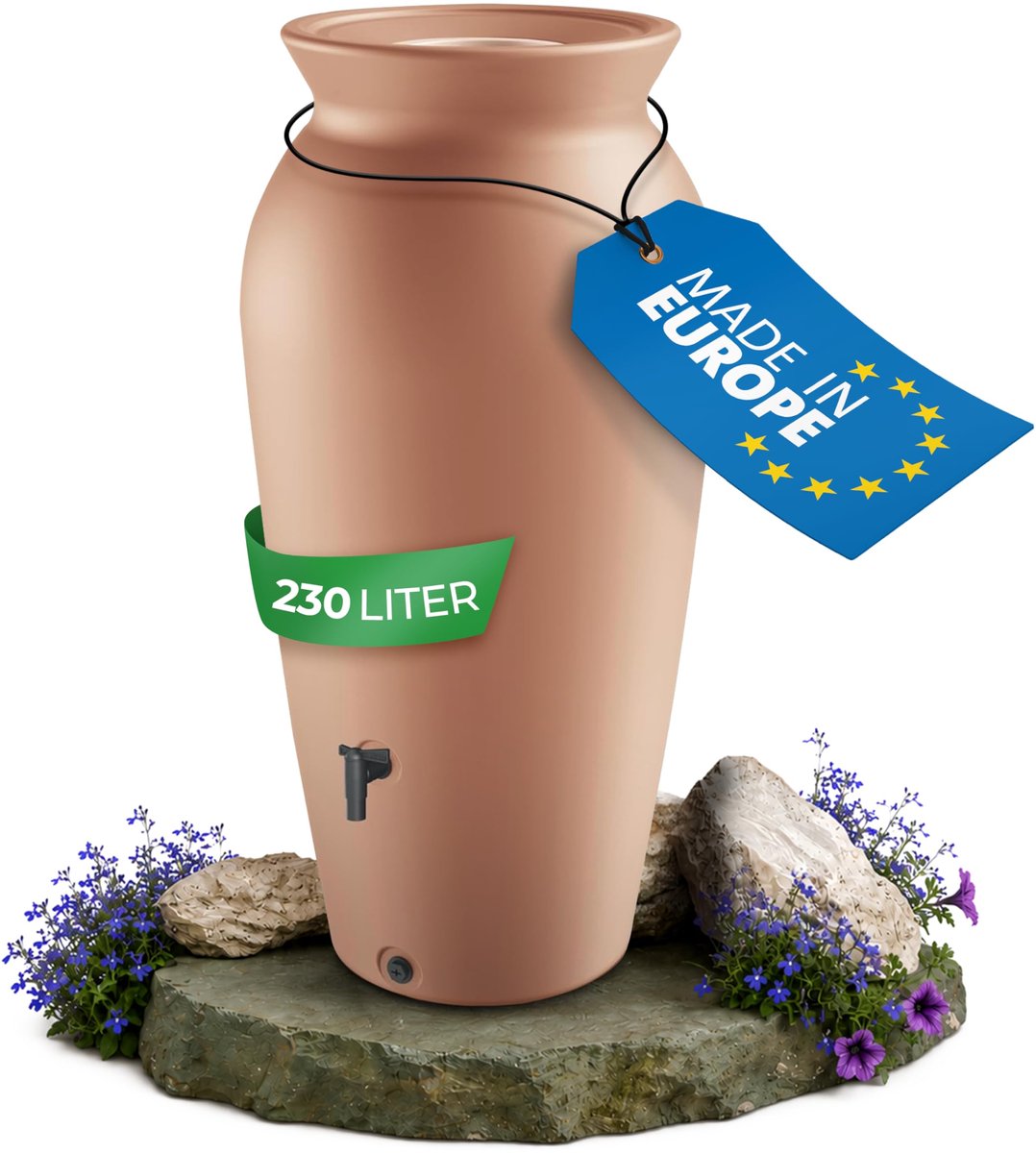 Famanu – Regenton van 120-230 liter met filtermand en waterkraan, vorstbestendig kunststof, ideaal voor tuin en regenwateropvang, terracotta kleur