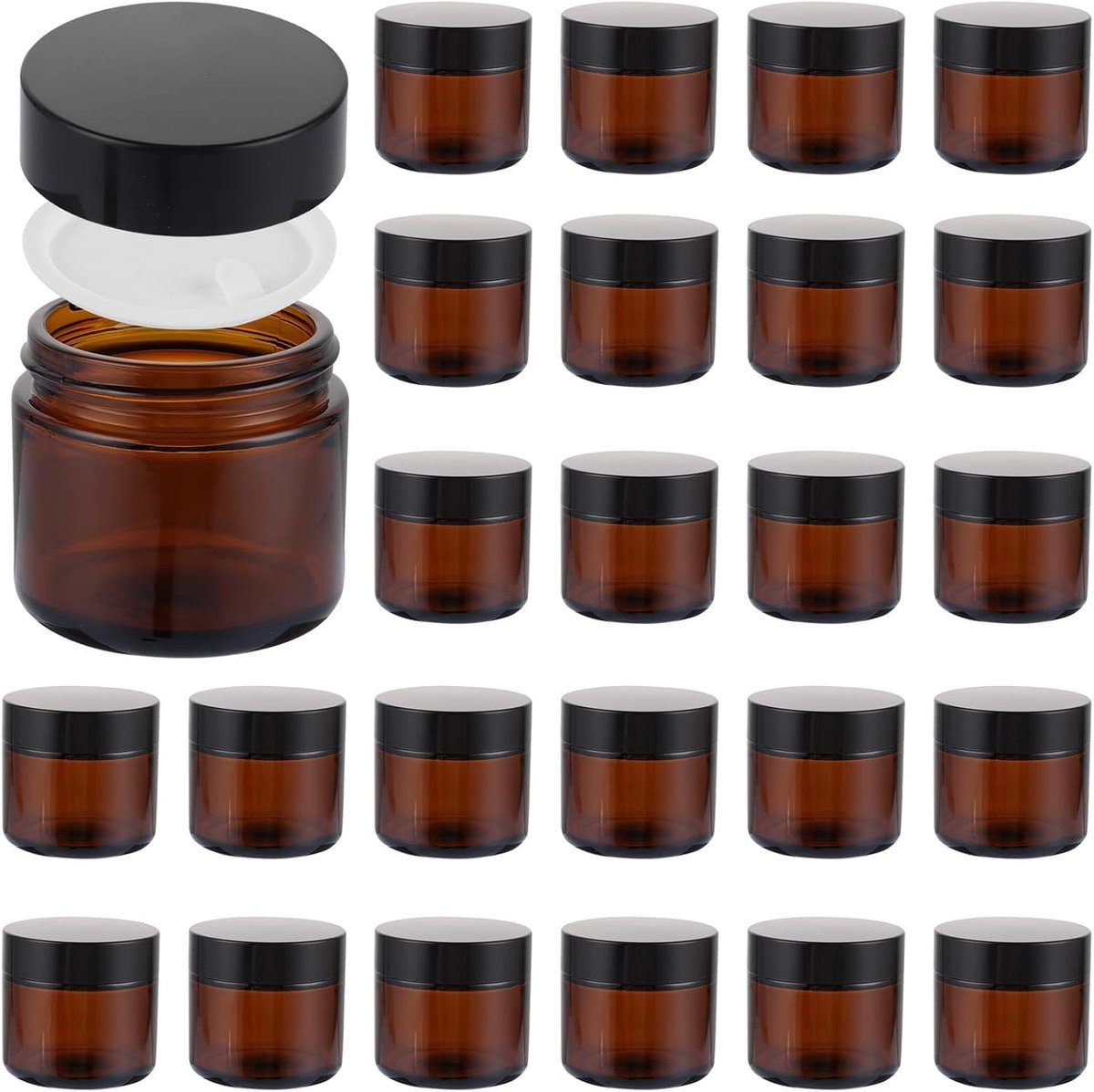 25 Pcs Amber Glass Empty Box, 60ml Brown Glass Cream Jar for Filling, Ointment Jar, Empty Glass Jars with Black Lids - ShopVlot