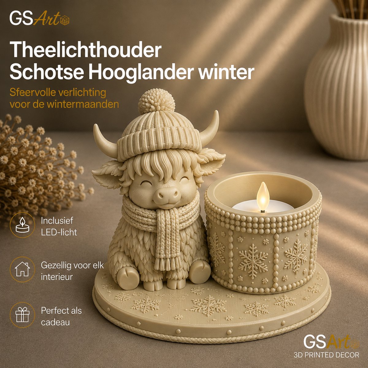 GSArt Theelichthouder Schotse Hooglander Winter – inclusief LED-kaarsje - Mat Woestijnbeige