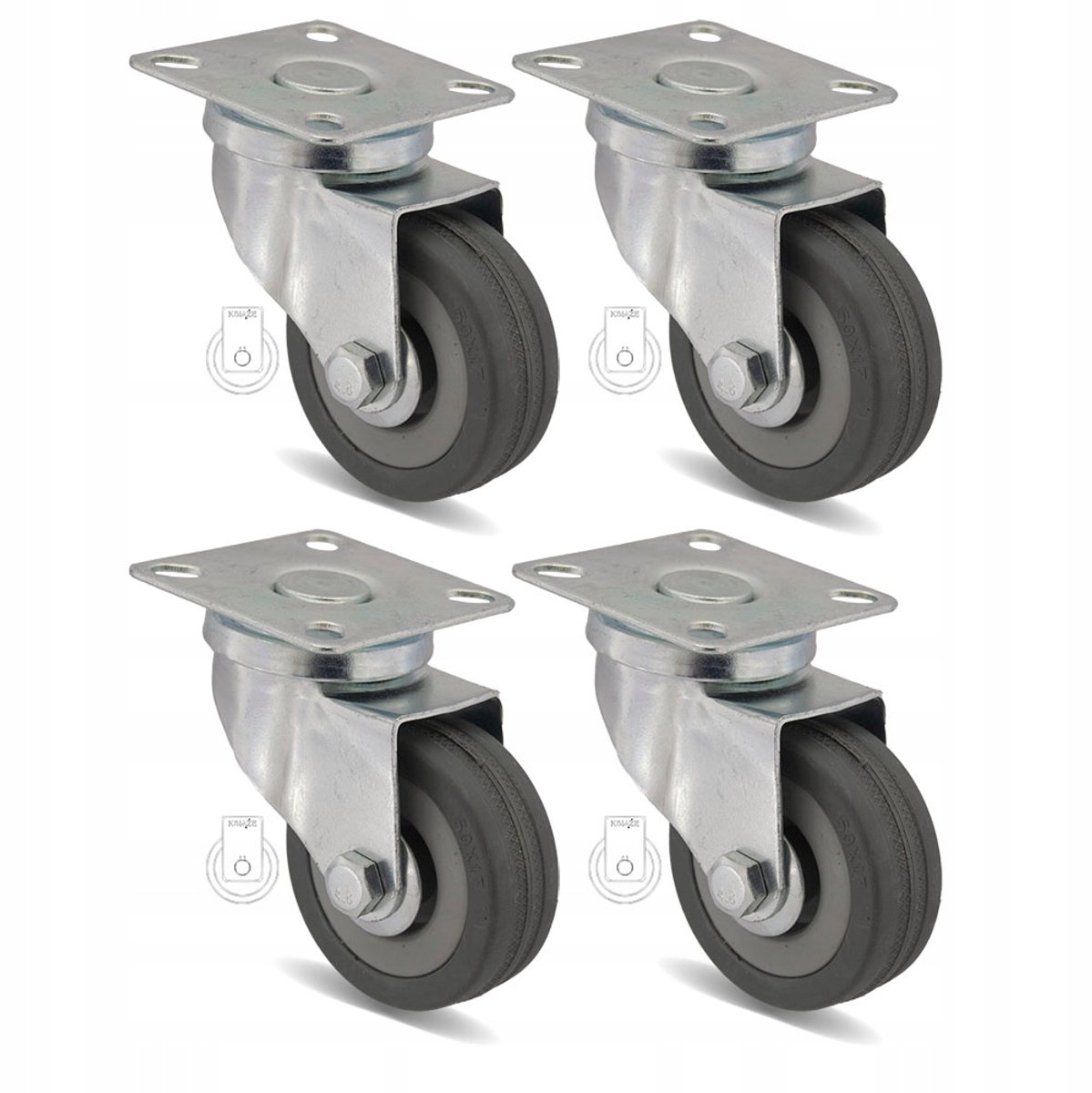 4x Zwenkwielen 50mm met Plaat - Rubber PP - Max 50kg/wiel