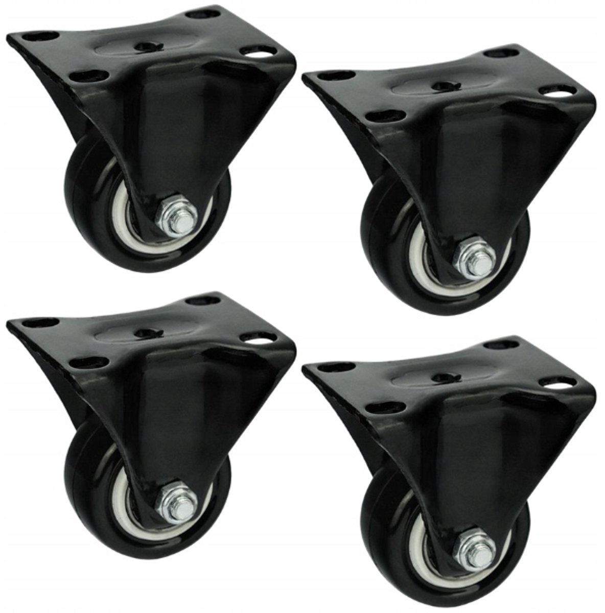 Set van 4 Zwenkwielen 50mm, 40kg Draagvermogen, Zwart PVC, Montageplaat