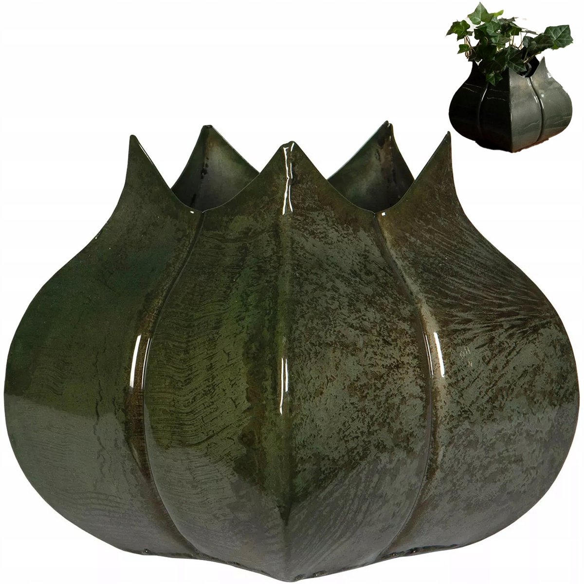 Merkloos Metalen Vaas Bloemen Vorm Groen 22cm Loft Woonkamer Decoratie