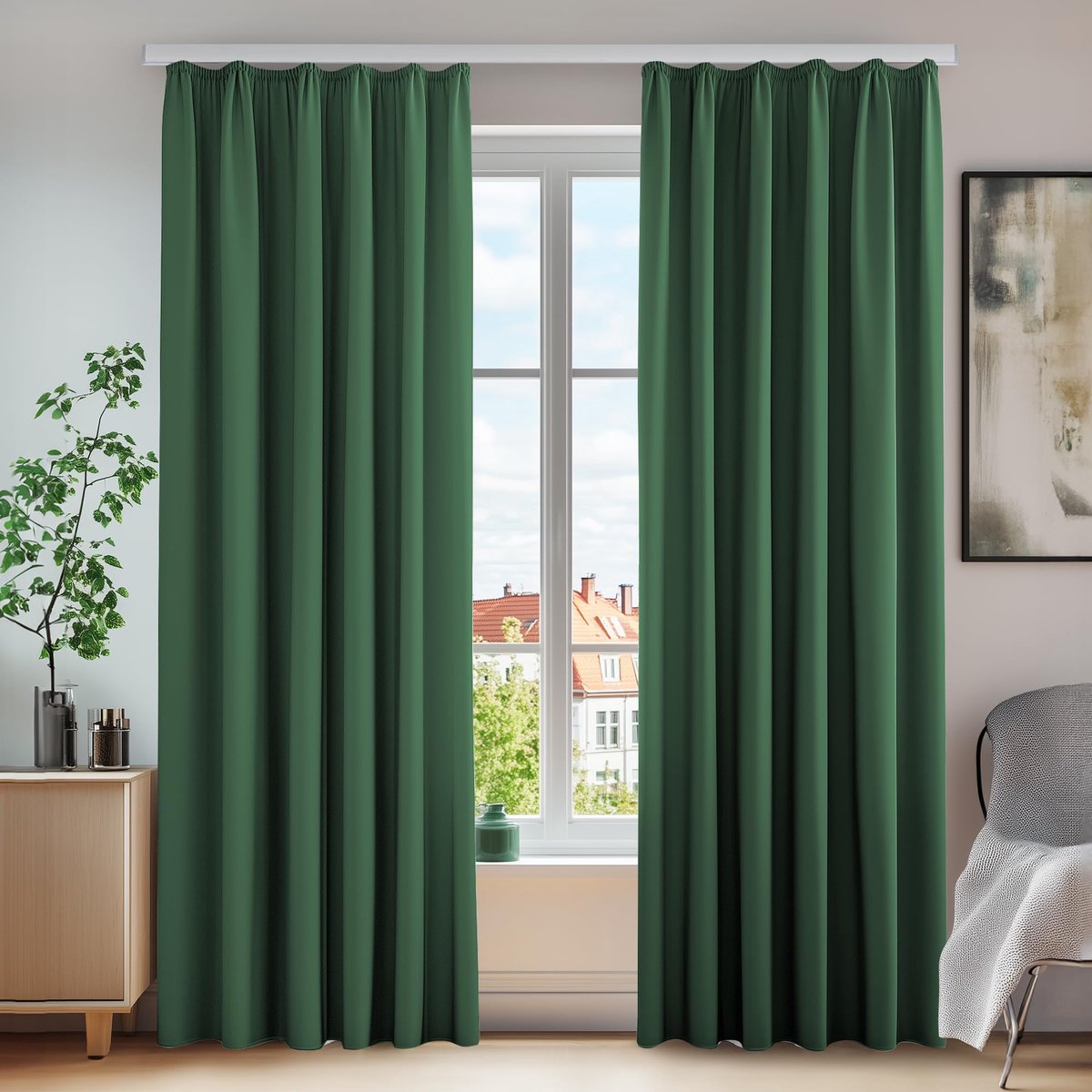 Famanu Set van 2 thermische gordijnen met plooiband, 220 x 140 cm, bosgroen, ondoorzichtig en geluidsbescherming