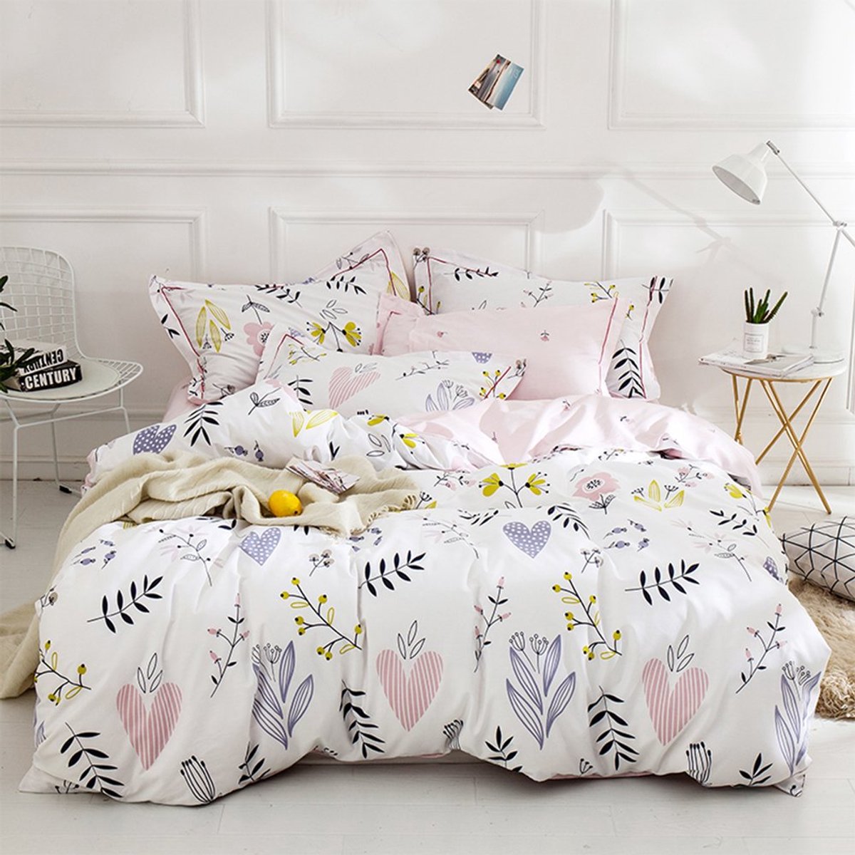Famanu Dekbedovertrek voor meisjes, boho, beddengoedset, mooi, 100% katoen, dekbedhoes, schattige takken en bloemen, met 2 kussenslopen, twinsize XL, wit en roze