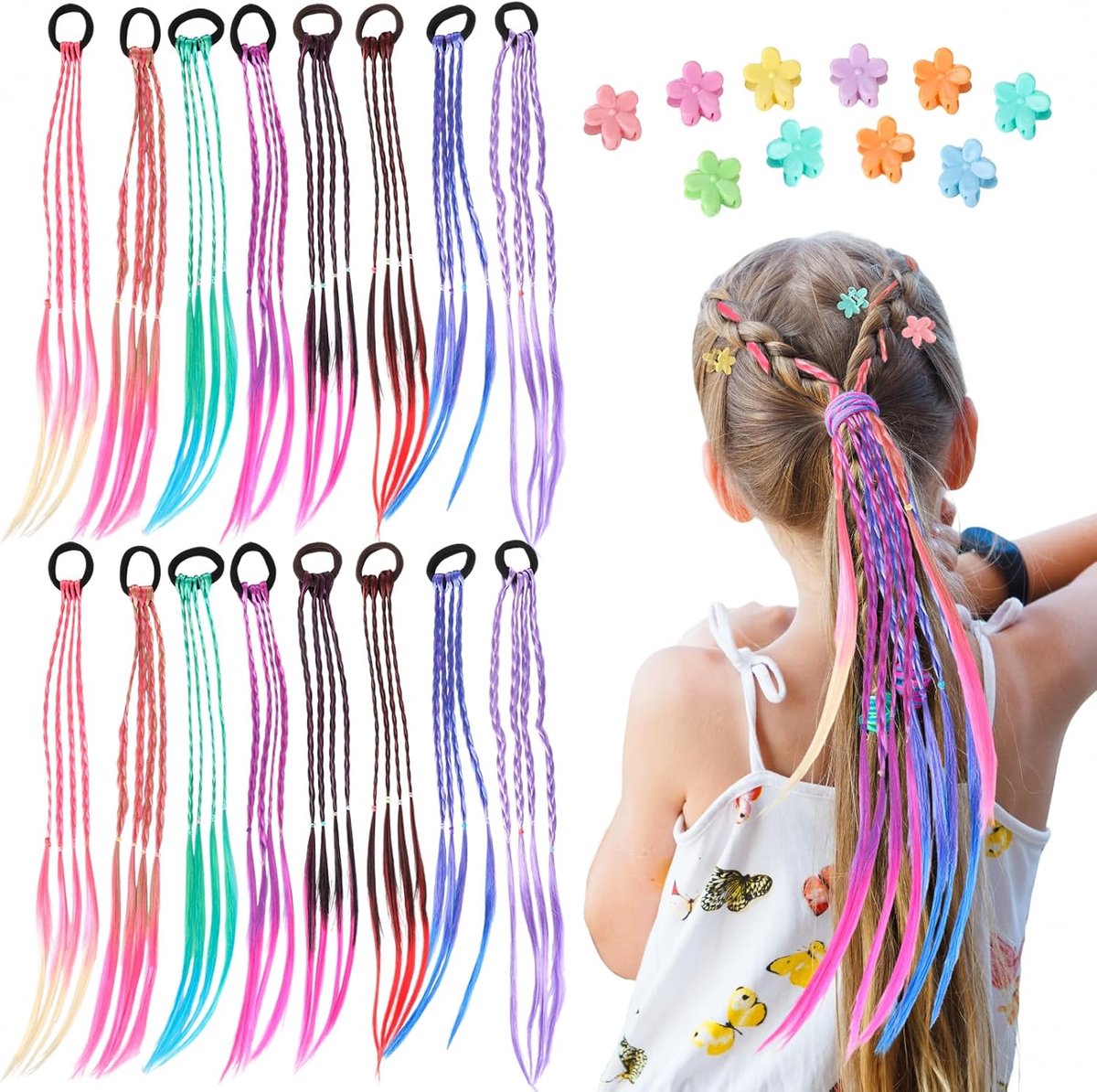 16 stuks kleurrijke haarstrengen voor kinderen, kleurrijk gevlochten haar met elastische band, 10 mini-clips - ShopVlot