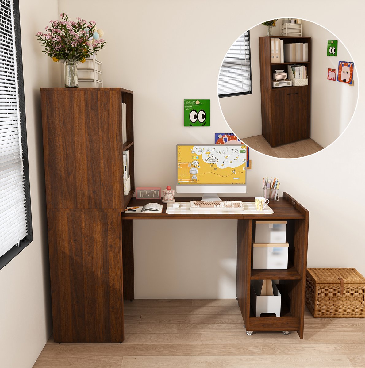MIVRAY Bureau - Uitschuifbaar Bureau Met Opbergkast En Verstelbare Legplanken - Voor Slaapkamer En Werkkamer - MDF - Walnoot - 126 Cm