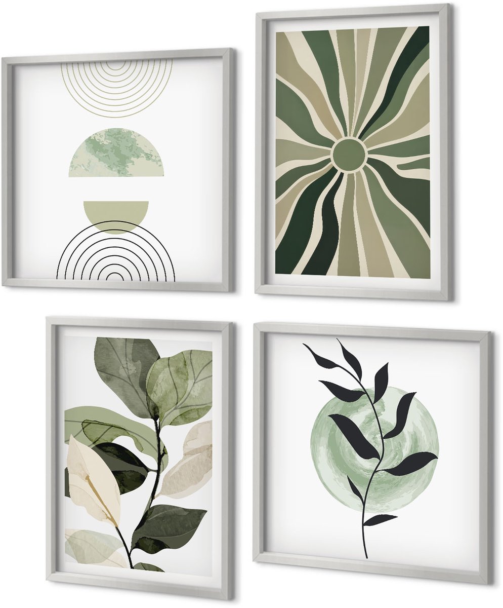 Coloray 4-Delige Schilderij Set - Plantmotieven met geometrische vormen in groen - 40 x 40 cm en 40 x 60 cm - Decoratieve Muurdecoratie - Slaapkamer - Decoratieve Schilderijen