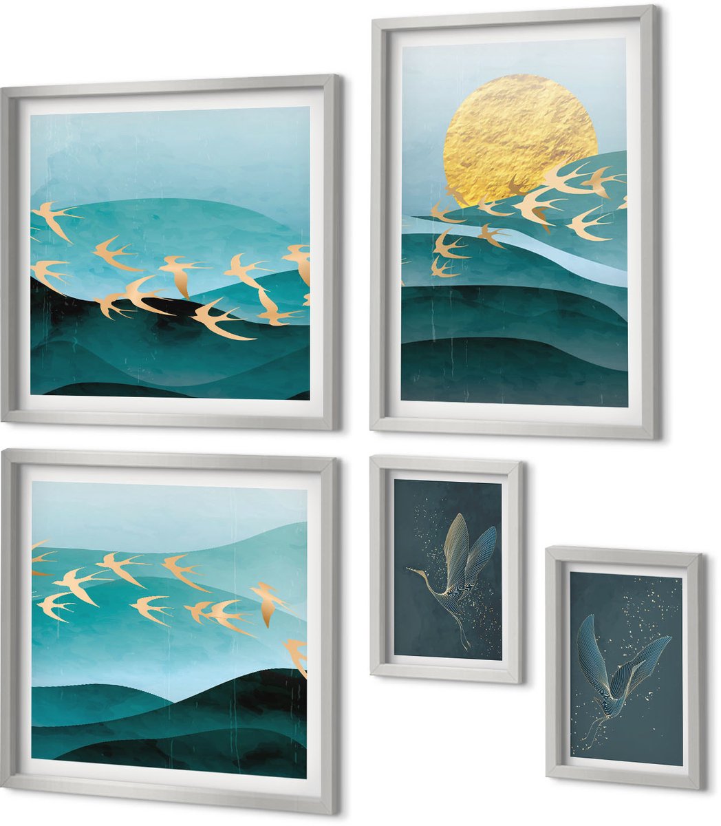 Coloray 5-Delige Schilderij Set - Minimalistische Plantpatronen Met Vruchten En Bladeren - 20 x 30 cm - Muurdecoratie - Wanddecoratie - Slaapkamer - Moderne Wanddecoratie