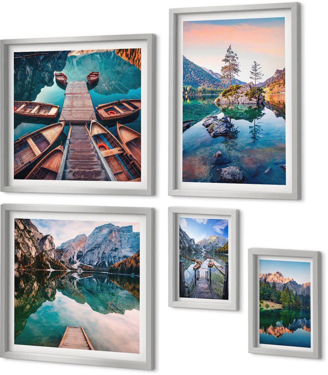 Coloray 5-Delige Schilderij Set - Sfeervolle Straatjes Met Bloeiende Planten En Uitzicht Op Zee. - 20 x 30 cm - Muurdecoratie - Schilderijen Set - Woonkamer - Moderne Wanddecoratie
