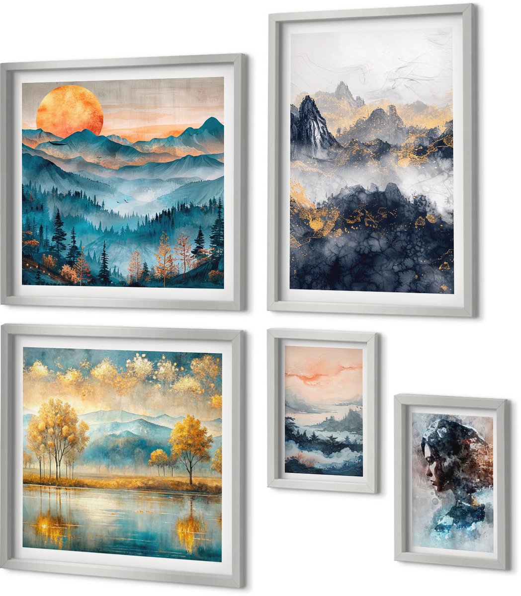 Coloray 5-Delige Schilderij Set - Rustig Zand En Kabbelend Water Met Kiezels Op Het Strand. - 20 x 30 cm - Wanddecoratie - Schilderijen Set - Kantoor - Decoratieve Schilderijen