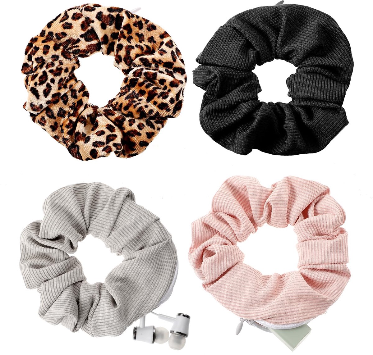AOZUO 4 scrunchies met luipaardpatroon met ritssluiting, elastische haarelastiekjes, zijden haarelastiek voor dames - ShopVlot
