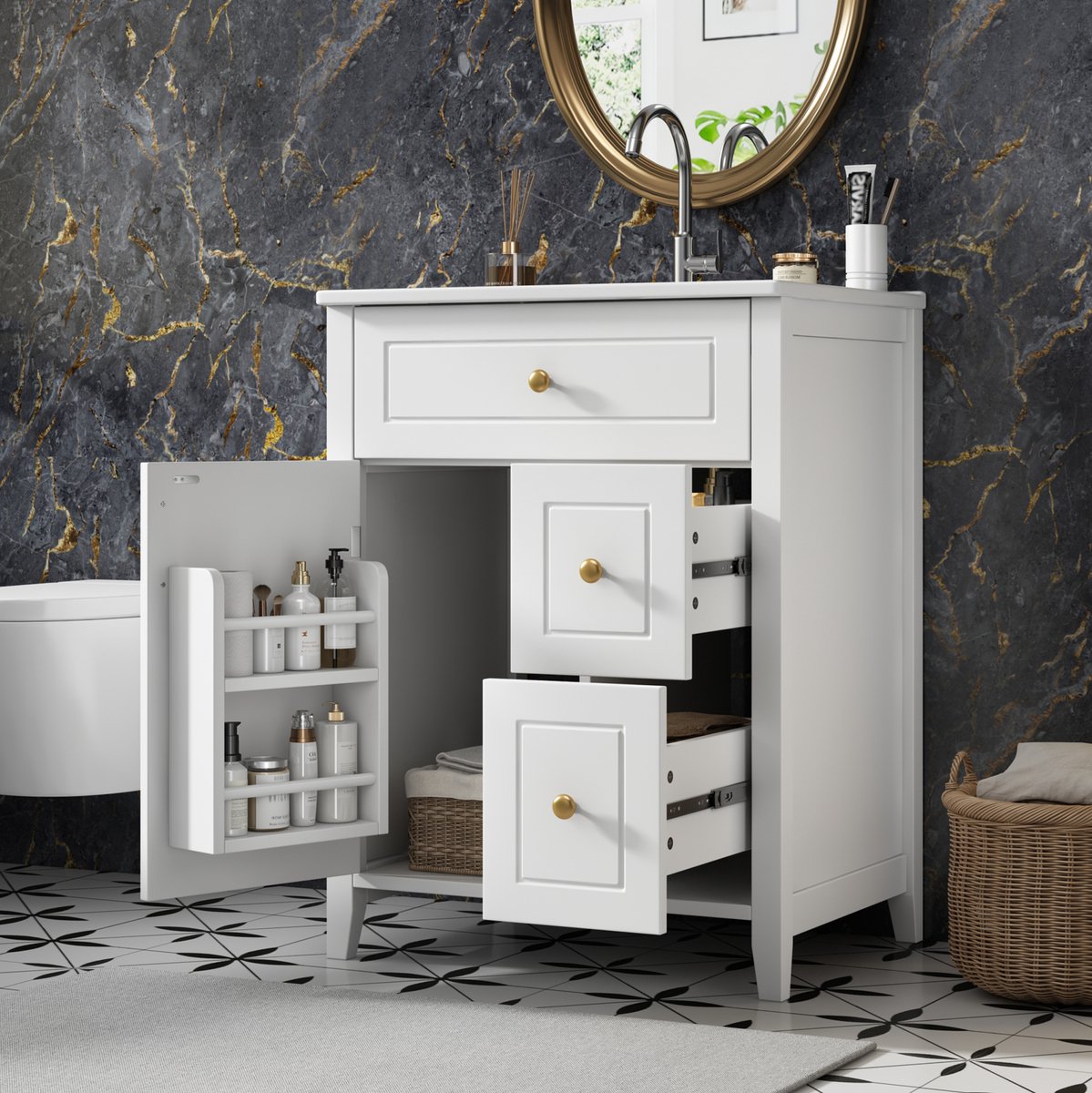 MIVRAY Badkamerkast Met Wastafel - Wit Hoogglans Met Gouden Grepen En Opbergruimte - Modern Voor Badkamer - MDF - 61 Cm