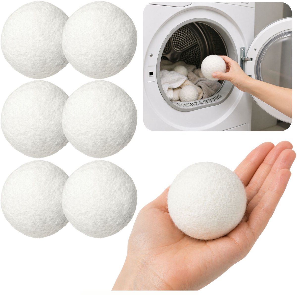 Natuurlijke wol wasdrogerballen hypoallergeen wit 7cm 6st.